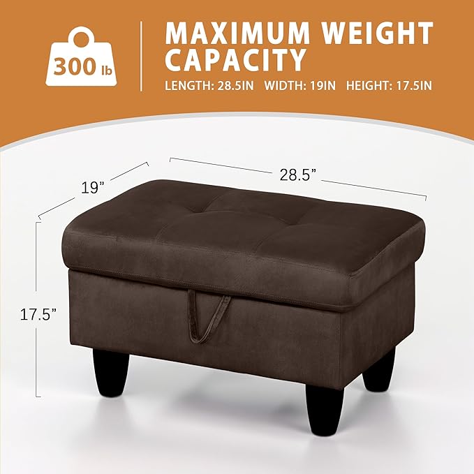 Ottoman Rectangular Storage Ottoman Bench, Flannel Footrest Stool Footstool with Lid for Living Room, Bedroom, Entryway, Coffee, 28.5"x19"x17.5"