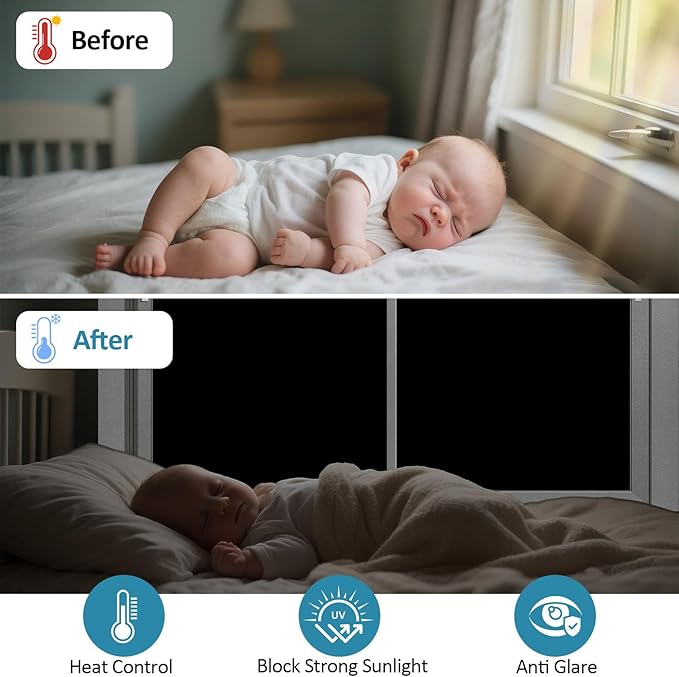 FuFin Total Blackout Window Privacy Film with Installation Tools, 100% Light Blocking Room Darkening Windows Cover Heat Control Anti-UV Glass Sticker Window Tint for Home, 23.6Inch×78.7Inch