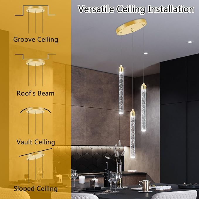 Pendant Lights Kitchen Island Mini Chandelier Gold Pendant Light Crystal Light fixtures Adjustable Hanging Ceiling Hanging Lights Bubble Mini Crystal Ceiling Light for Dining Room Bedroom 2700K 6000K
