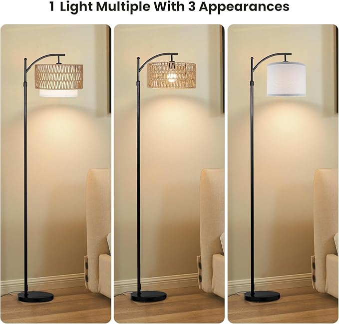 Arc Floor Lamp for Living Room,Farmhouse Floor Lamps with Remote Control & Dimmable Bulb,Rattan Boho Tall Standing Lamp for Bedroom Office