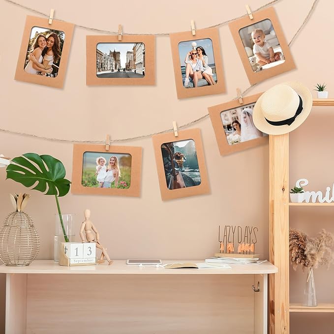 Janlaugh 100 Pcs Paper Photo Frames 4x6 Kraft Paper Picture Frame with 100 Clip 10 String Kit DIY Hanging Cardboard Photo Holder Back to School Wall Decor Wedding Home