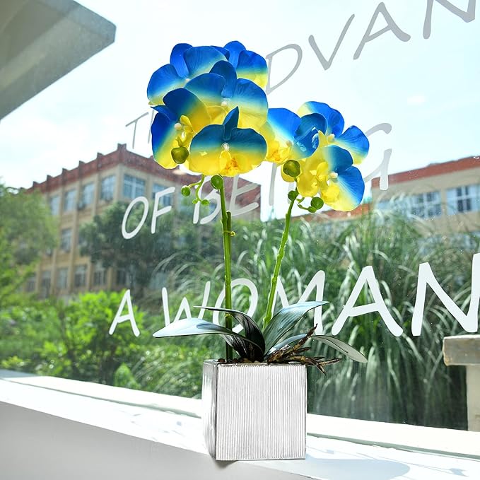 Artificial Potted Orchid Faux Phalaenopsis Silk Flowers Bonsai Realistic Arrangement in Silver Vase for Home Decoration Table Centerpiece, Blue/Yellow