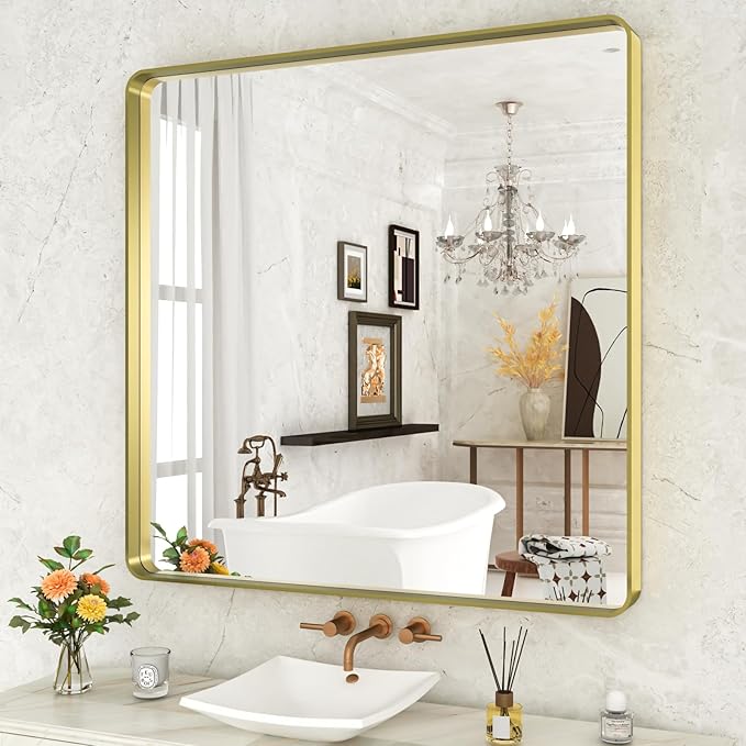 WEER Gold Bathroom Mirror, 36X36 Inch Brushed Metal Frame, Rounded Rectangle Vanity for Wall, Tempered Glass, Anti-Rust, Hangs Horizontally or Vertically