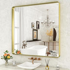 WEER Gold Bathroom Mirror, 36X36 Inch Brushed Metal Frame, Rounded Rectangle Vanity for Wall, Tempered Glass, Anti-Rust, Hangs Horizontally or Vertically