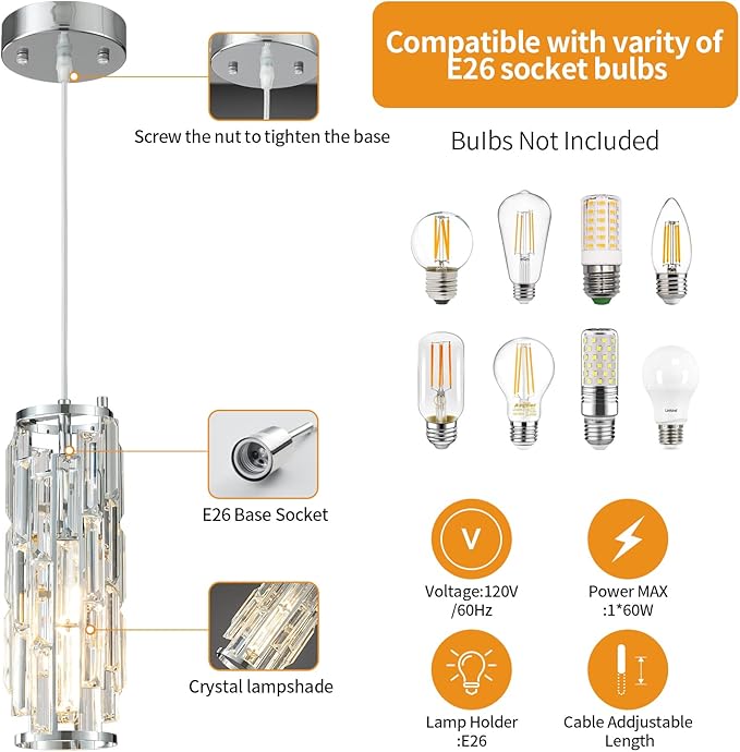 LMQNINE Chrome Pendant Lights Kitchen Island Modern Pendant Light, Crystal Pendant Light Fixture Mini Pendant Light, Pendant Lighting for Kitchen Island Bedroom (Chrome 1-Pack)