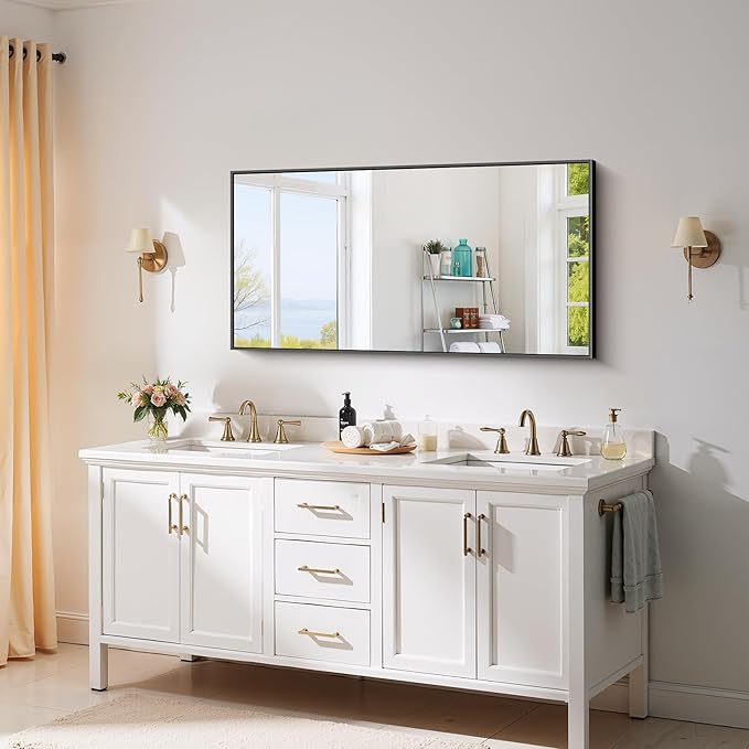 YIROMAN Bathroom Mirror 48"x24", Large Matte Black Bathroom Mirror for Over Sink with Aluminum Frame, Rectangular Vanity Mirror with Right Angle, Wall Mirror Hangs Horizontal or Vertical, Shatterproof