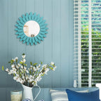 Honiway Beach Wall Decor Mirror 2 Pack 12 inch Wood Coastal Wall Decor Sunburst Boho Home Decor Room Decor for Bedroom Living Room Entryway Cyan