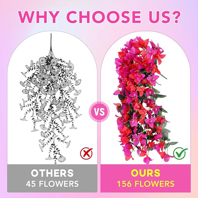 Artificial Bougainvillea Flowers for Outdoor Plant,4 pcs Faux Hanging Flowers Bougainvillea for Outside Decoration,Fake Silk UV Resistant Vines for Front Door Porch(Rose red+Fuchsia)