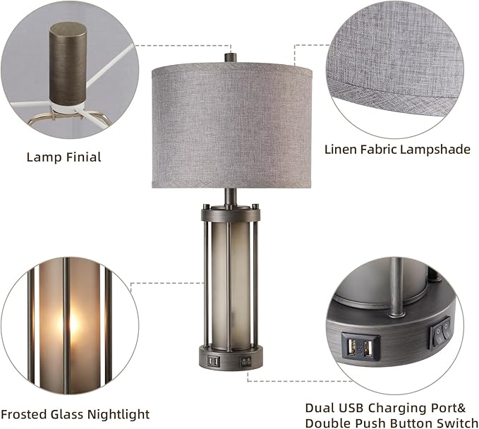 Set of 2 Rustic Table Lamps for Living Room with 2 USB Ports, Vintage Bedside Lamps with Gray Frosted Glass Night Light for Bedroom Desk Lamps for Entryway, 4 Bulbs Included