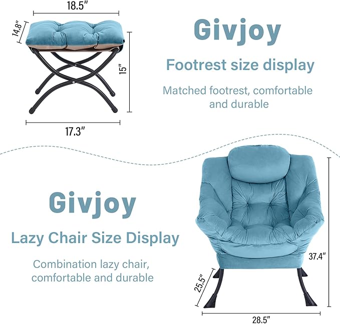 Cozy Lazy Chair and Ottoman, Large Contemporary Accent Lounge Chair Set, Leisure Upholstered Reading Armchair for Bedroom, Living Room, Dorm Rooms, Office