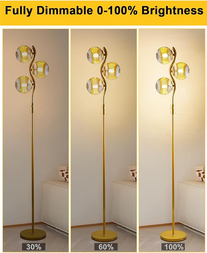 Lightdot 60IN Dimmable Gold Floor Lamp with 3 Glass Globe Mid Century Standing Lamps with 3Pcs 3000K Soft Warm White G9 Bulbs Stepless Brightness Adjustable Modern Tall Lamp for Bedroom Office