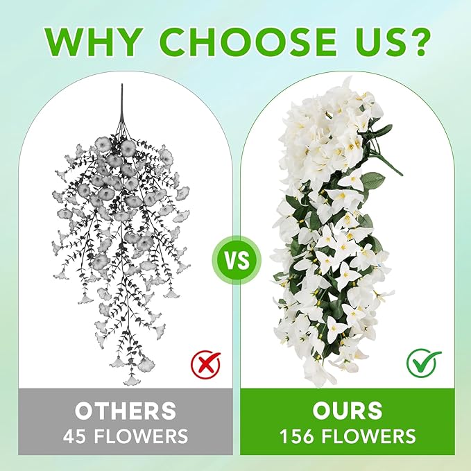 Artificial Bougainvillea Flowers for Outdoor Plant,4 pcs Faux Hanging Flowers Bougainvillea for Outside Decoration,Fake Silk UV Resistant Vines for Front Door Porch(White)