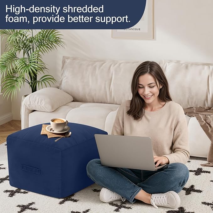 MeMoreCool Square Stuffed Pouf Ottoman Foot Rest, Floor Pouf Foot Stool with Foam Chunk Filling, Soft Stuffed Ottoman Footrest for Living Room, Navy