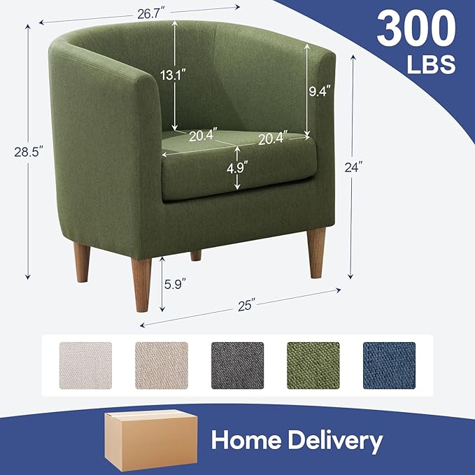 Accent Barrel Chair, Modern Comfy Living Room Chairs with Armrest Small Reading Chair with Cozy Soft Padded for Bedroom Reception Room Cafe,Green
