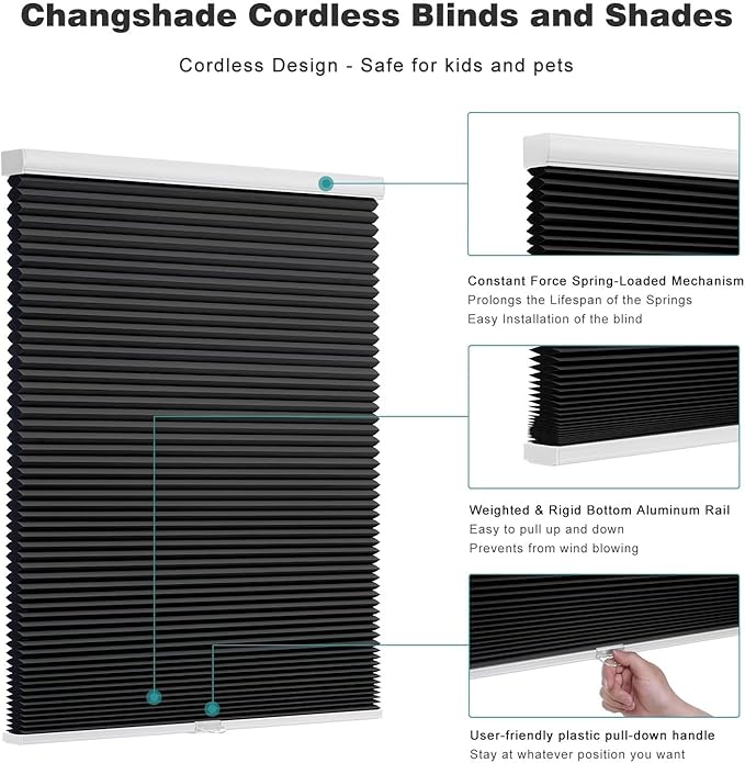 Changshade Cordless Cellular Shades, Blackout Honeycomb Shades for Windows, Pull Down Pleated Blinds, Easy to Install for Indoor Windows and French Doors,59" W x 72" H, Black