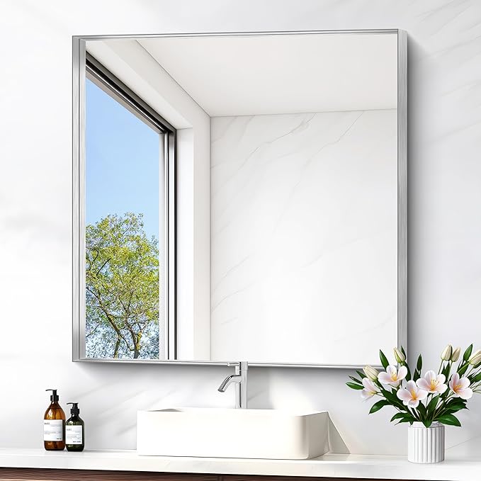 Silver Bathroom Mirror, 30x30 Inch Rectangular Framed Mirror, Large Wall Mounted Bathroom Vanity Mirror Over Sink for Bedroom,Restroom, Living Room, Hangs Vertically or Horizontally