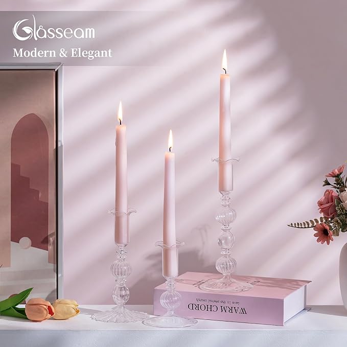 Glasseam Glass Tapered Candlestick Holders: Set of 3 Clear Candle Sticks Holder Decor with Bobeche Modern Ribbed Taper Candle Holders for Table Centerpiece Christmas Wedding Home Decorations