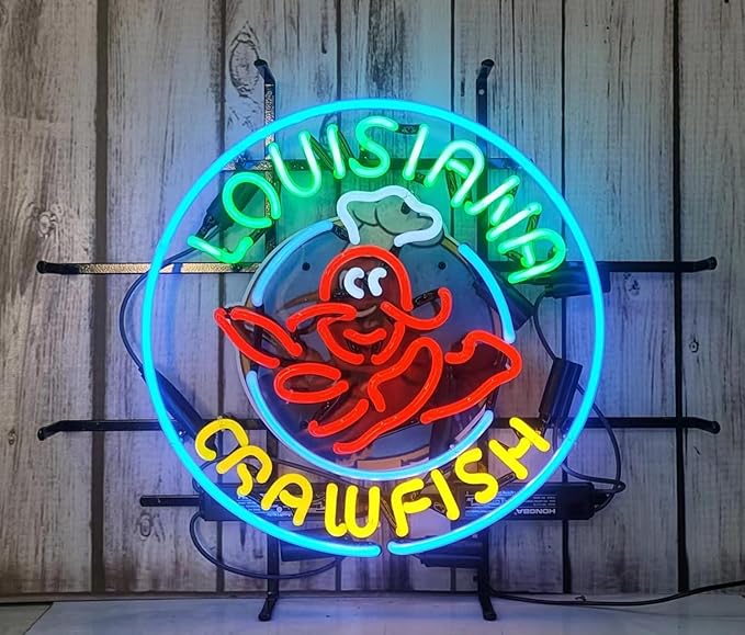 Neon Signs Beer Bar Louisiana Crawfish With Circle Border Glass Neon Signs for Office Pub Cafe Party Man Cave Neon Light Art Wall Lights 24 X 20 Inches