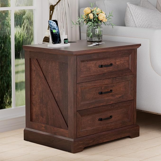 HOMMPA 24'' Farmhouse Nightstand with Charging Station, Bedside Tables with Storage, Side Table with USB Port, 3 Drawers End Table Dresser, Wood Night Stand for Bedroom, Living Room, Maroon Brown