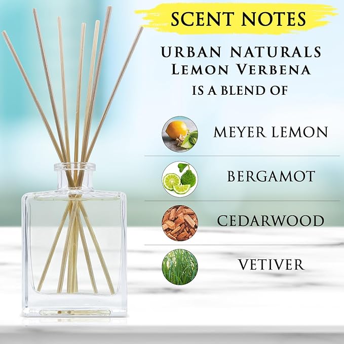 Urban Naturals Lemon Verbena Reed Diffuser Set with Reed Sticks – Tart Citrus with Bergamot & Greens – Sleek Rectangular Refillable Glass Bottle – Made in The USA
