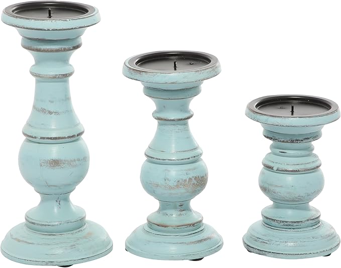 Deco 79 Mango Wood Decorative Candle Holder Distressed Turned Pillar Candle Stand, Set of 3 Candlestick Holder 6", 8", 10"H, Light Blue