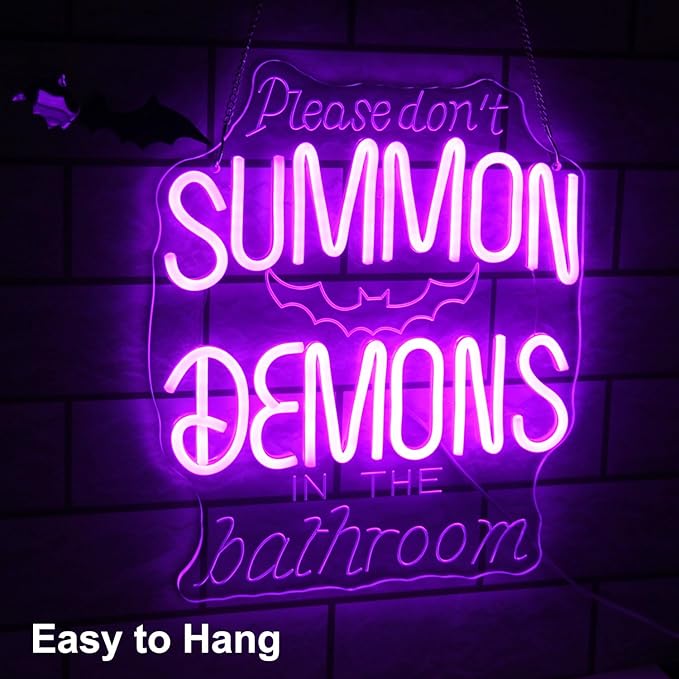 Please Don't Summon Demons in the Bathroom Neon Sign Gothic Wall Art Dimmable Purple Letter LED Neon Light Spooky Bat Neon Wall Sign for Bedroom Bathroom Man Cave Bar Halloween Party Decor