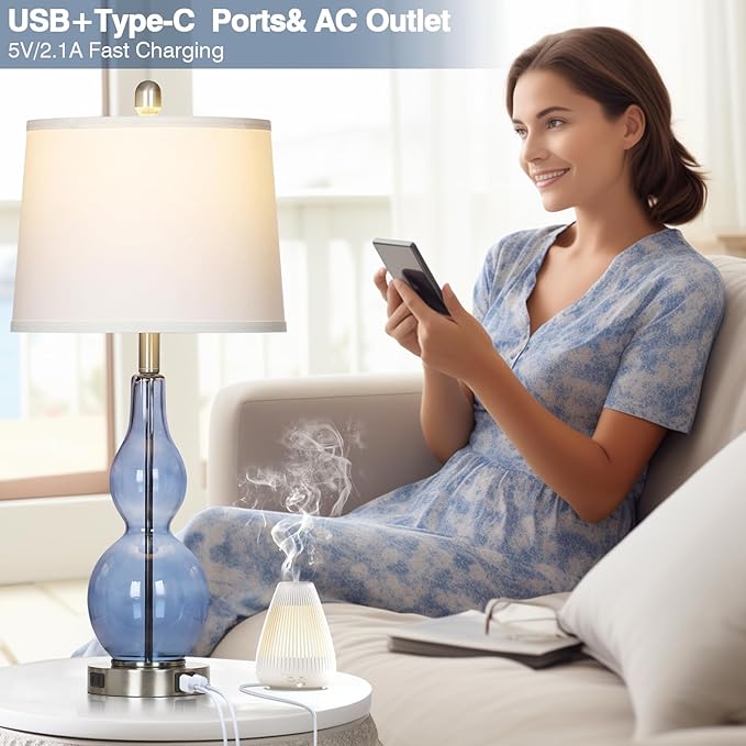 27.5" Coastal Blue Glass Double Gourd Table Lamp Set of 2,3-Way Dimmable Touch Control Bedside Lamps with USB Ports and AC Outlet, Nautical Nightstand Lamps for Bedroom Living Room
