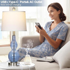 27.5" Coastal Blue Glass Double Gourd Table Lamp Set of 2,3-Way Dimmable Touch Control Bedside Lamps with USB Ports and AC Outlet, Nautical Nightstand Lamps for Bedroom Living Room