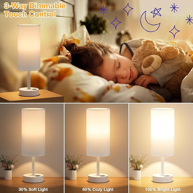 White Touch Bedside Lamp for Bedroom - 3 Way Dimmable Table Lamp with USB, Nightstand Lamp with White Charging Station for Desk Dorm, Girl Kids Room, Small