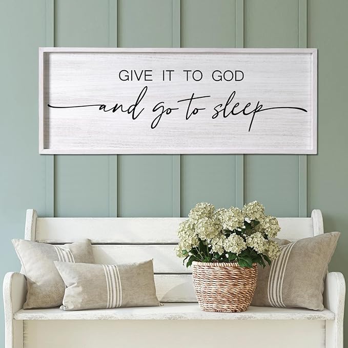 Give It to God and Go to Sleep Decorative Rustic Sign & Plaque Framed Wall Art for Couples, 40''×15'' Vintage Farmhouse Wooden Horizontal Wall Decor Above Bed, Cottagecore Wedding Gift for Bedroom