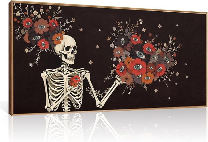 KAIRNE Halloween Skeleton Wall Art,Gothic Skull Canvas Set of 1(40”x20”),Romantic Spooky Floral Botanical Print,Scary Skull Painting,Horror Halloween Wall Art for Living Room Bedroom Goth Party Decor