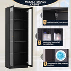 5 Tier Metal Curio Cabinets, Modern Bookshelf Cabinet with 4 Adjustable Shelves, Cabinet Display Case for Home Office, Living Room, Pantry (Black-27.5W)