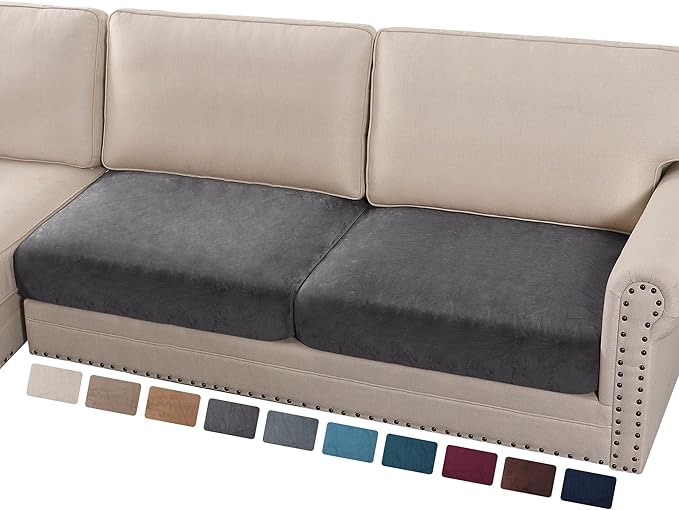 PrinceDeco Velvet Couch Cushion Cover Soft Stretch Cushion Slipcover for Chair Loveseat Sofa Cushion Furniture Protector Seat Cushion Sofa Cover (2 Piece Large Sofa Cushion Covers, Grey)