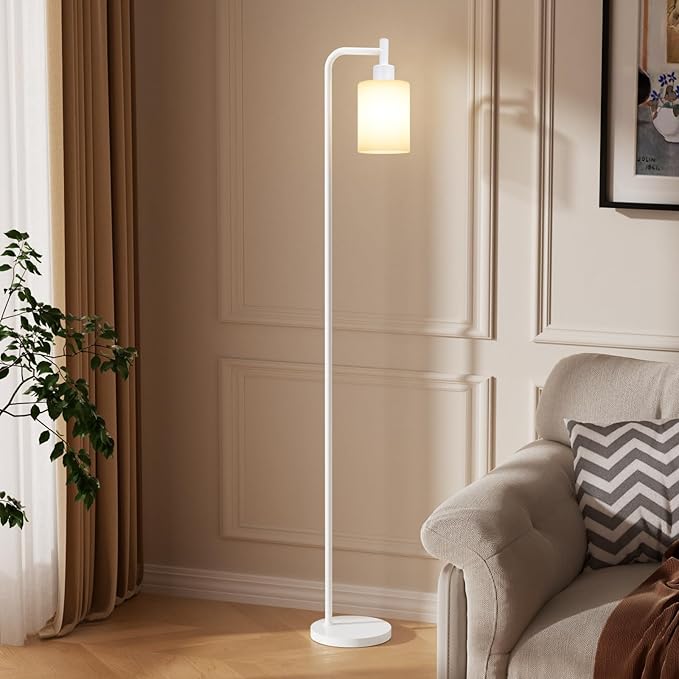 Floor Lamps for Living Room - Industrial Standing Lamp with Glass Shade, Modern White Floor Lamp with LED Bulbs, Farmhouse Floor Lamp for Bedroom, Tall Lamp for Office - White