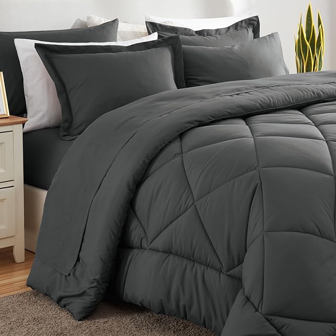 CozyLux California King Comforter Set Dark Grey - Cal King Bed in a Bag 7 Pieces, Luxury Soft Bed Set for All Seasons, Bedding Set with Down Alternative Comforter, Sheets, Pillowcases & Shams
