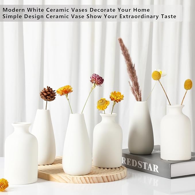 YANLING 6 Pcs White Ceramic Vases for Home Decor, 6 Inch Modern Centerpieces, Small Boho for Pampas Grass, Table Vase for Dried Flowers