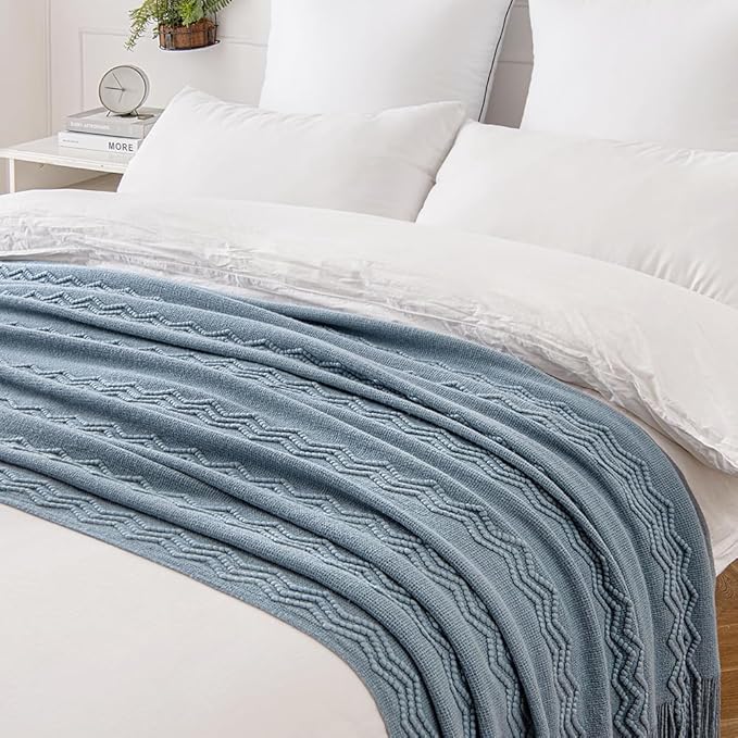 MIULEE Dusty Blue Cozy Knitted Throw Blanket for Couch Textured Knit Blanket with Tassels Woven Acrylic Wave Pattern Boho Blankets for Sofa Bed Chair 50"x60"