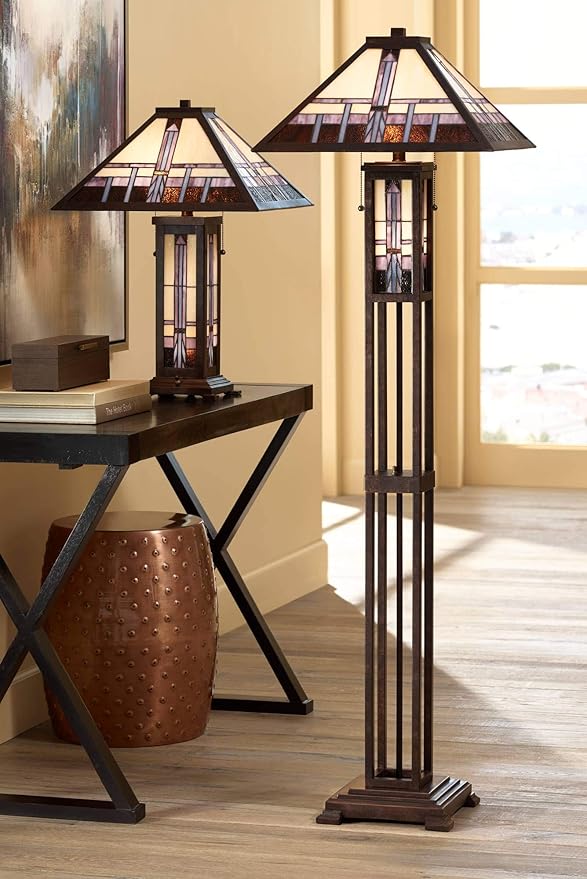 Robert Louis Tiffany Mission Southwest Tiffany Style Standing Floor Lamp with Night Light Art Deco 60.5" Tall Oiled Bronze Copper Stained Glass Shade Decor for Living Room Reading House Bedroom