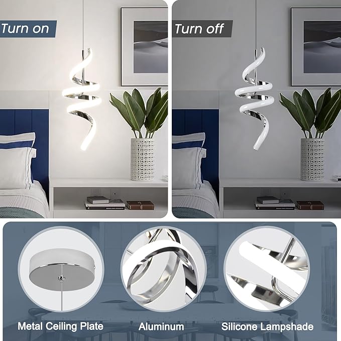 Modern Spiral LED Pendant Lights Kitchen Island, 22W Adjustable Height Hanging Light Fixture 4000K Chrome Chandelier for Dining Room Cafe Table, 1 Pack