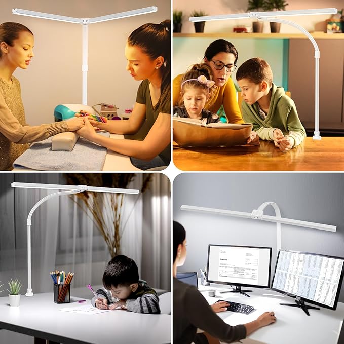 Double Head LED Desk Lamp with Remote Control for Home Office 24W Brightest Computer Desk Light for Workbench Drafting Architect Study Reading with Clamp and Base