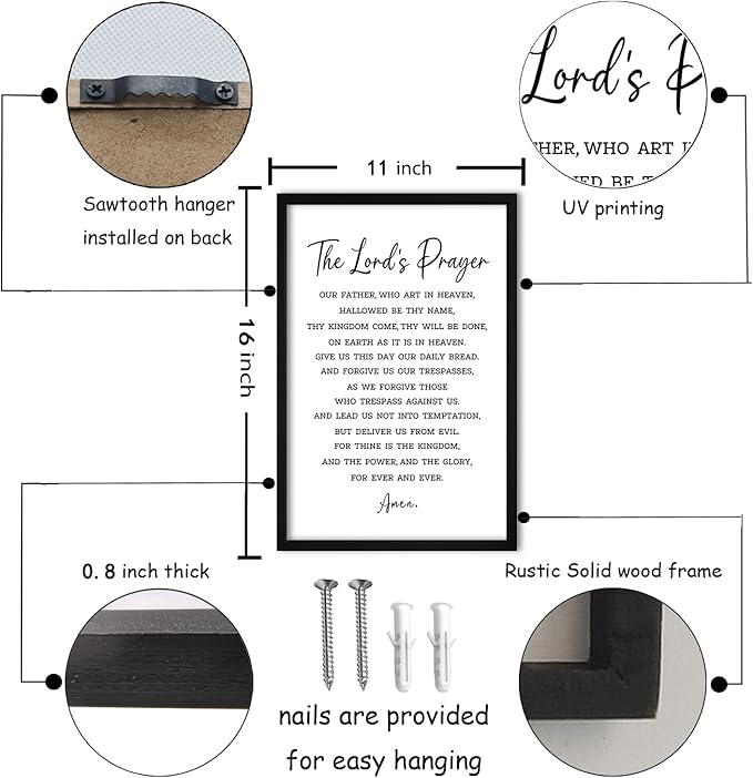 flowtorely The Lord's Prayer Plaque Bible Verse Sign Wall Decor 16"×11" Christian Scripture Inspirational Wooden Framed Wall Hanging Art (Black) 16"×11"