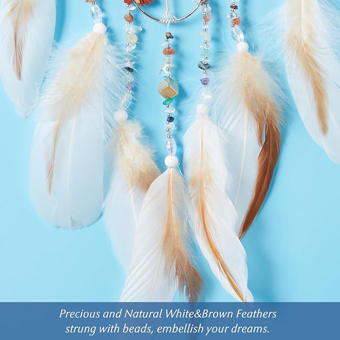 7 Chakras Dream Catchers Tree of Life Dream Catcher White Feather Dreamcatcher Wall Decor with Healing Crystal Stone & Fluorite Wall Art Hanging for Bedroom Home Decor Bless Gift Wedding Garden