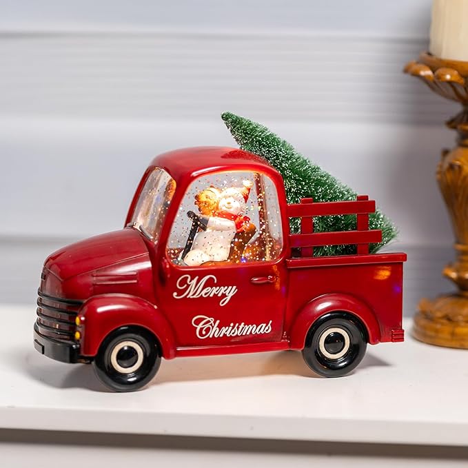 Snowman Christmas Snow Globes Red Truck Carrying Christmas Tree Water Lantern, 8 Christmas Music, Holiday Decorations Gifts for Family, Children or Friends