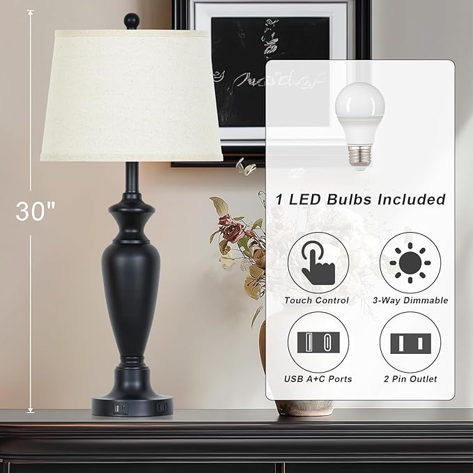 30" Tall Black Table Lamp, 3-Way Dimmable Touch Control Bedside Lamp with USB A+C & AC Outlet for Bedroom, Living Room (1 Pack)