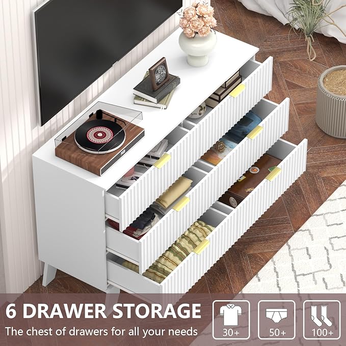 Fluted Dresser for Bedroom,6 Drawer Dresser for Closet,Storage Cabinet and Chest of Drawers with Gold Handle,TV Stand,Storage Organizer for Living Room,Hallway,Entryway,White