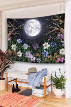 Neasow Aesthetic Moon Garden Tapestry Wall Hanging, Night Landscape with Colorful Plants Floral Tapestries for Bedroom Home Decor Multi Color 50×60 inch (130cm×150cm)