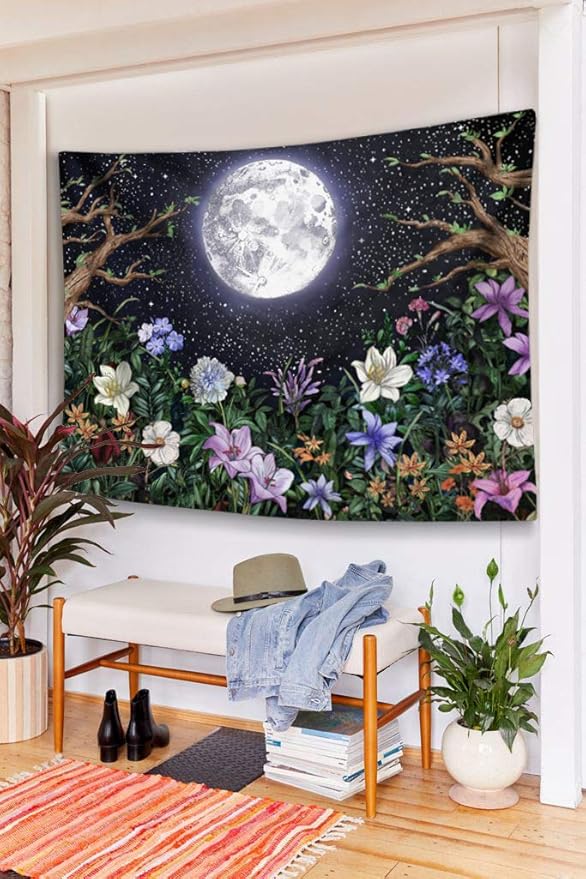 Neasow Aesthetic Moon Garden Tapestry Wall Hanging, Night Landscape with Colorful Plants Floral Tapestries for Bedroom Home Decor Multi Color 50×60 inch (130cm×150cm)