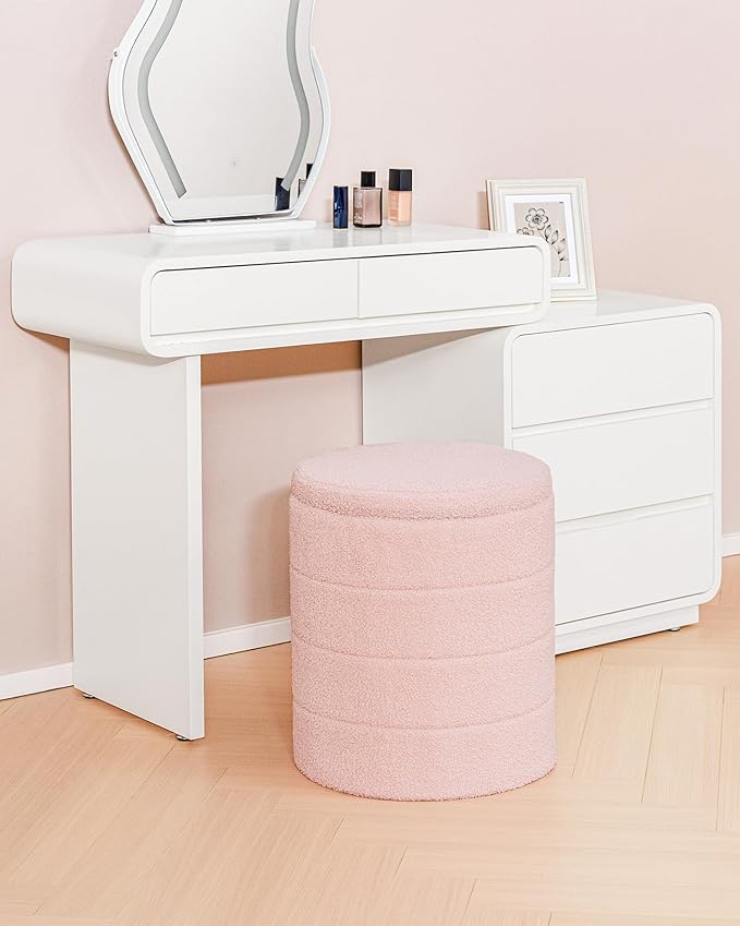 B FSOBEIIALEO Ottoman with Stroage, Round Sherpa Storage Ottoman Stool, Boucle Foot Rest 14.6"x14.6"x17.7"（Pink