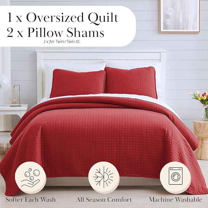 Southshore Fine Living, Inc. Twin XL Comforter Quilt Bedding Set, Dorm Room Bedding Essentials, Stain Resistant, Machine Washable Bedspread, Twin XL Red Quilt Bed Spread w/Pillow Sham, Chili Pepper