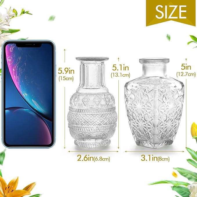 Glass Vase Bud in Bulk Set of 2,Vintage Flower Bottle Small Bud Vases for Floral Arrangements, Home Decor,Wedding Centerpiece,Table Decor,Decorative Centerpiece,Dinning(Set of 2)
